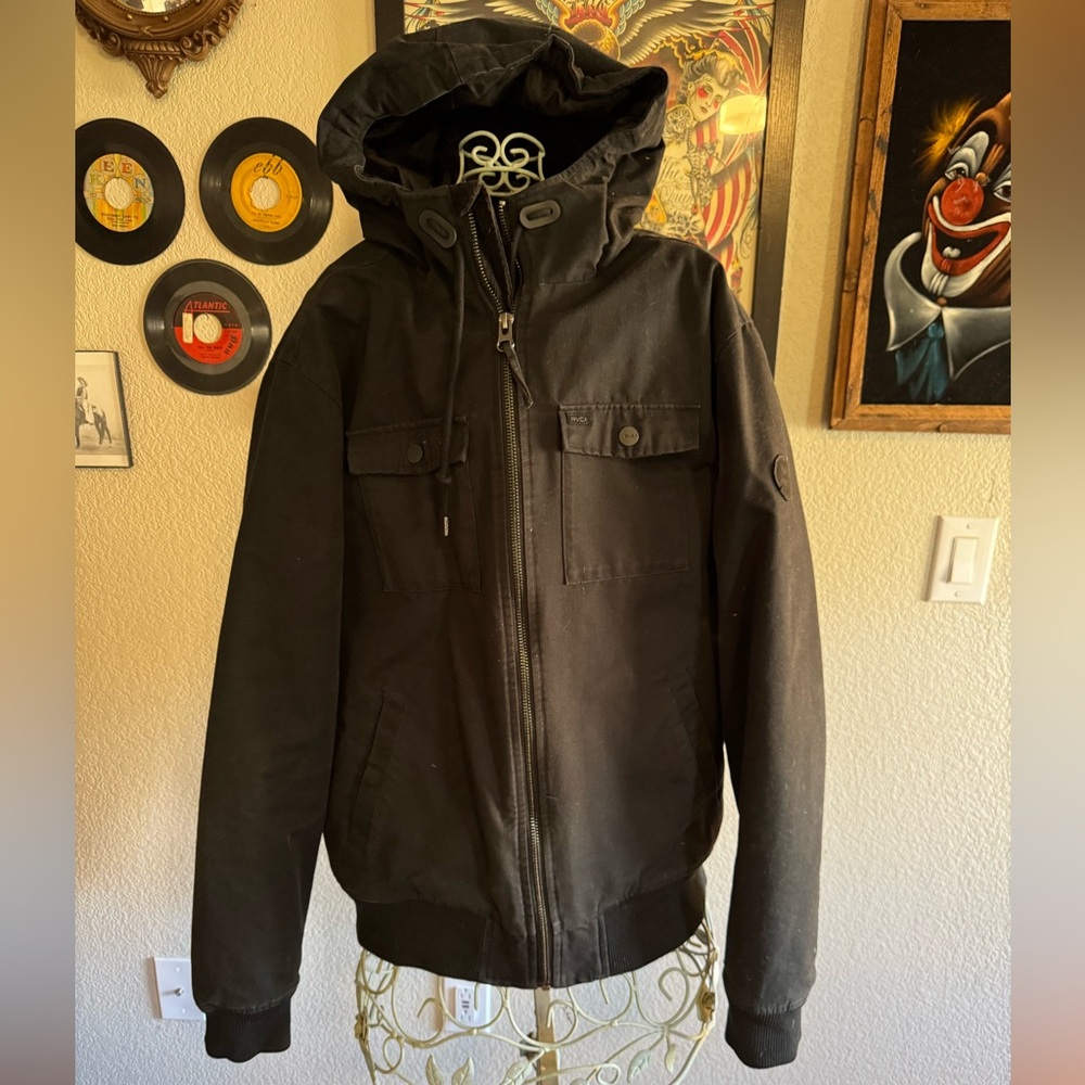 Black warm RVCA jacket with quilted inside & hood
